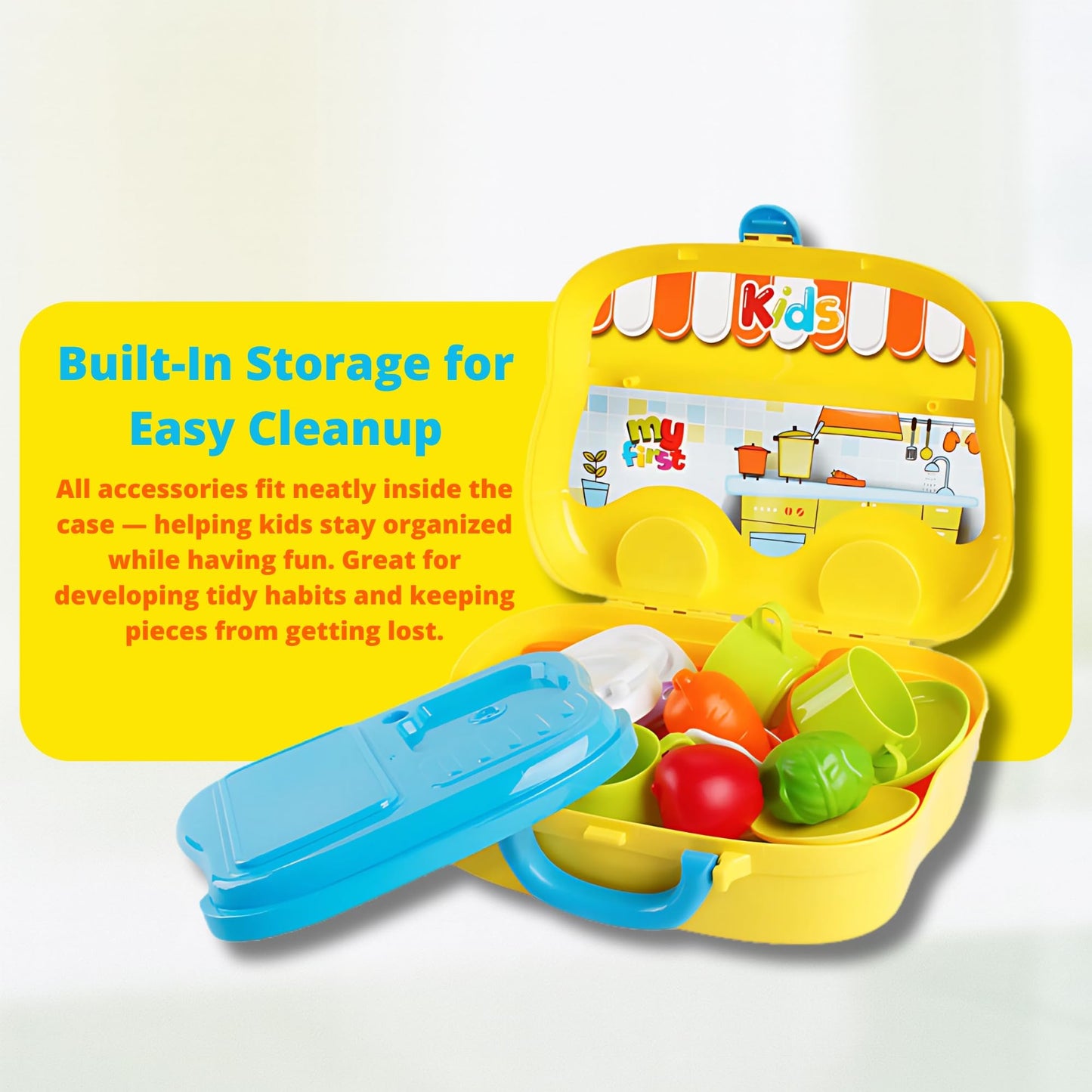 OLEOCA Toddler Kitchen Playset - 25 Piece Portable Set, Toy Food & Utensils, Easy Storage, Blue and Coral, 10.47 x 3.74 x 8