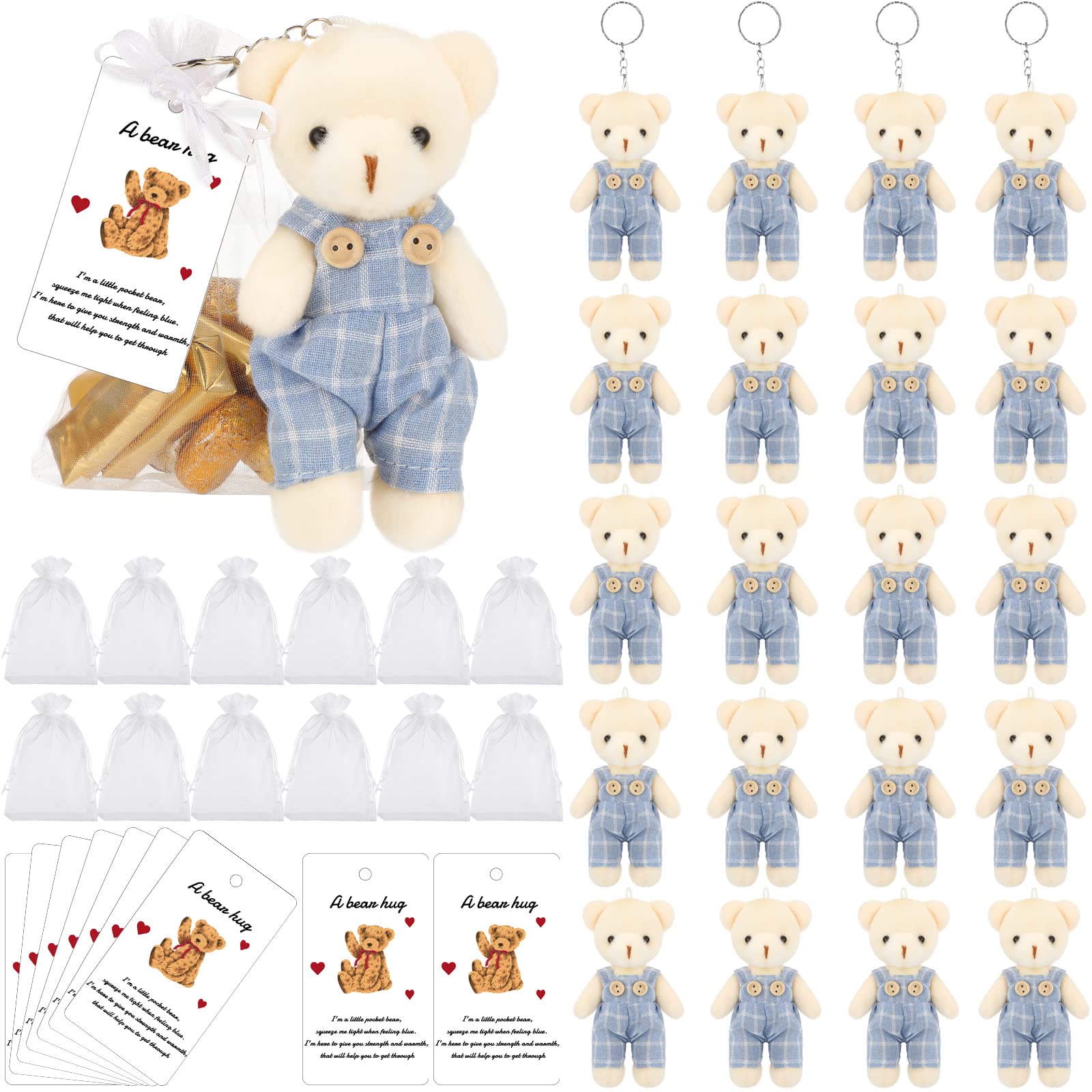 20 Sets Miniature Bear With Clothes Stuffed Plush Bear Decorations, 4.7 Inch Bears Baby Shower Doll Favors Bear Hug Gift Card White Organza Bags For Guest Baby Shower Souvenirs Birthday Party (Blue)