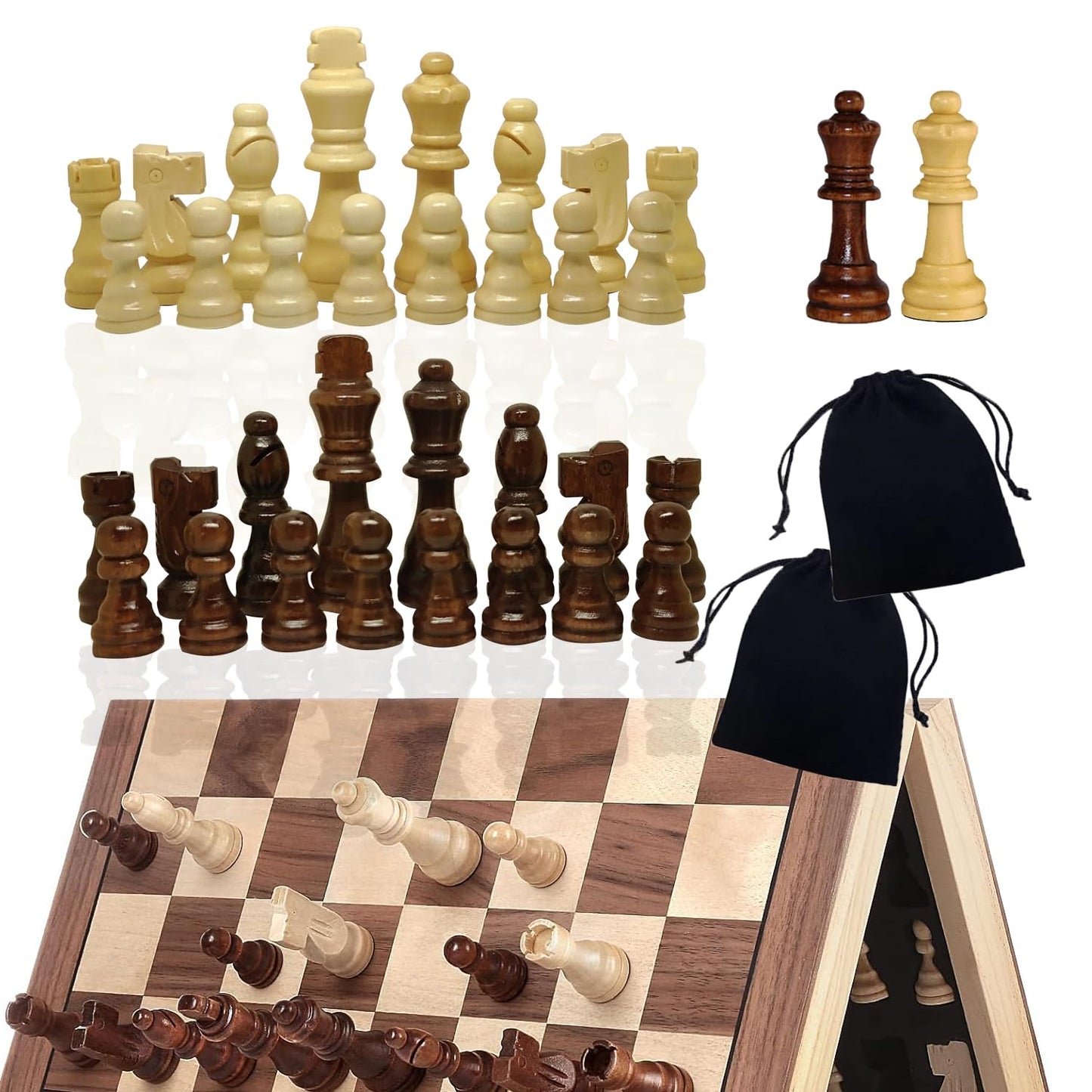 Baspoom Nature Wood Chess Pieces Set - 3.15” King Tournament Staunton Chessmen with Storage Bag, Magnetism Chess Piece