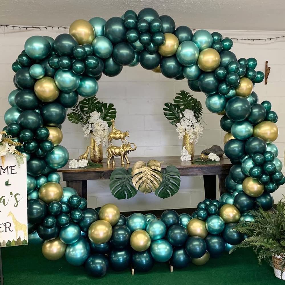 128Pcs Jungle Sarfari Balloon Garland Arch Kit, Double Stuffed Emerald Green Matellic Gold White Balloons With Artificial Palm L