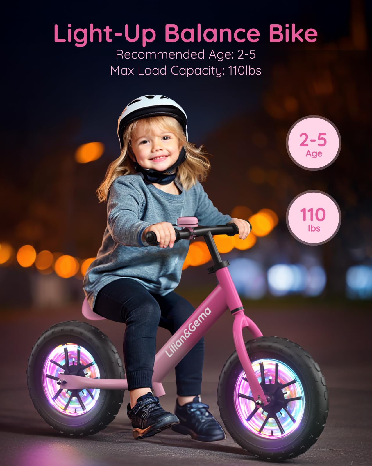 Lilian&Gema Toddler Balance Bike Colorful Lighting, 12'' Kids Balance Bike For 2-5 Years Old With Adjustable Seat & Handlebar, T