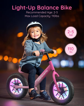 Lilian&Gema Toddler Balance Bike Colorful Lighting, 12'' Kids Balance Bike For 2-5 Years Old With Adjustable Seat & Handlebar, T