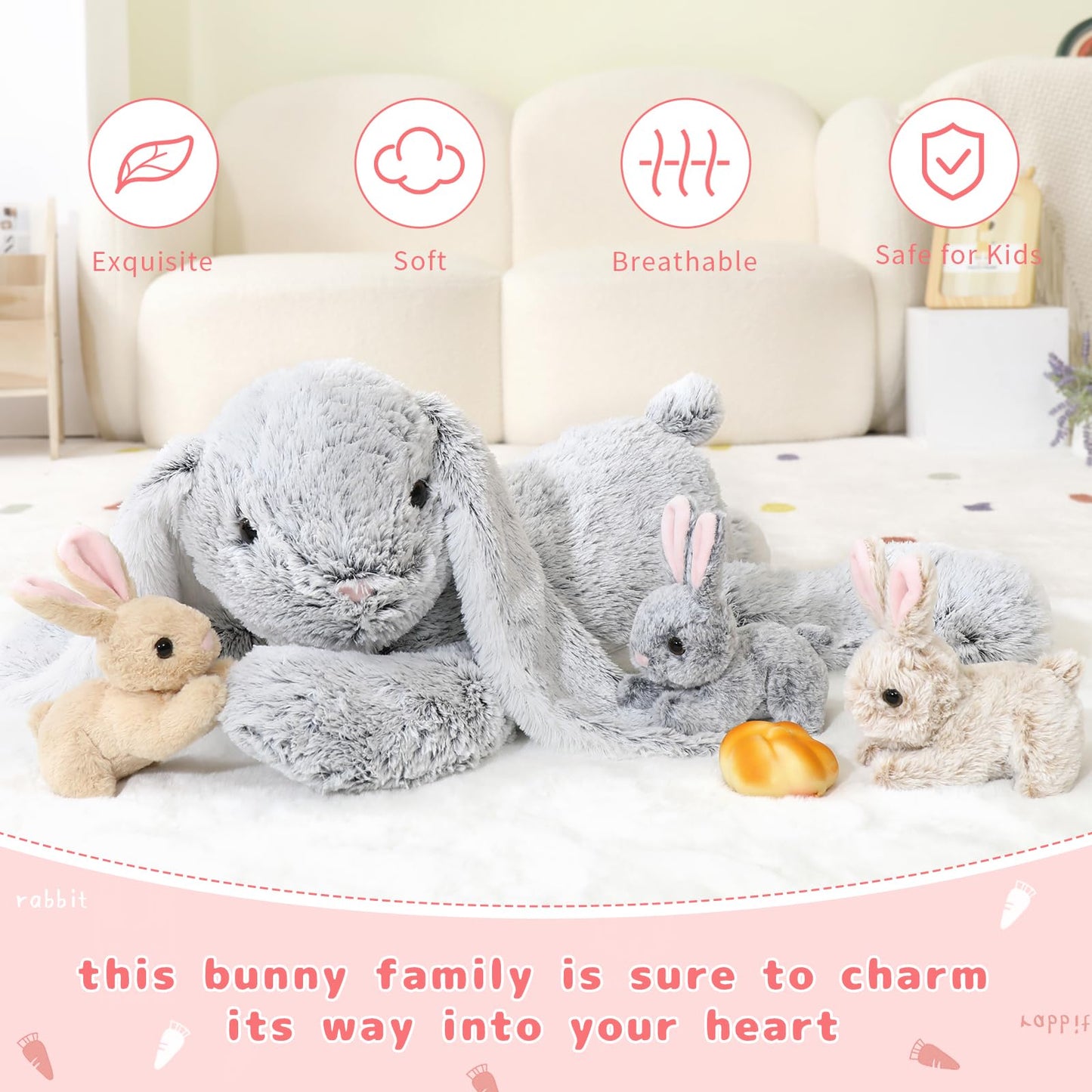 Beniny Large Bunny Stuffed Animal 24'' - 4Pcs Stuffed Bunny Rabbit Plush Toy Gifts For Kids - Cuddly Mommy Bunny Surprise With 3