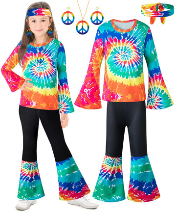 IWALUE 60s 70s Outfits Hippie Kid Girls Costume Set Disco Rainbow Boho Flared Pants Accessories Set(Rainbow,5-6 Years)