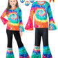Iwalue 60S 70S Outfits Hippie Kid Girls Costume Set Disco Rainbow Boho Flared Pants Accessories Set(Rainbow,9-10 Years)