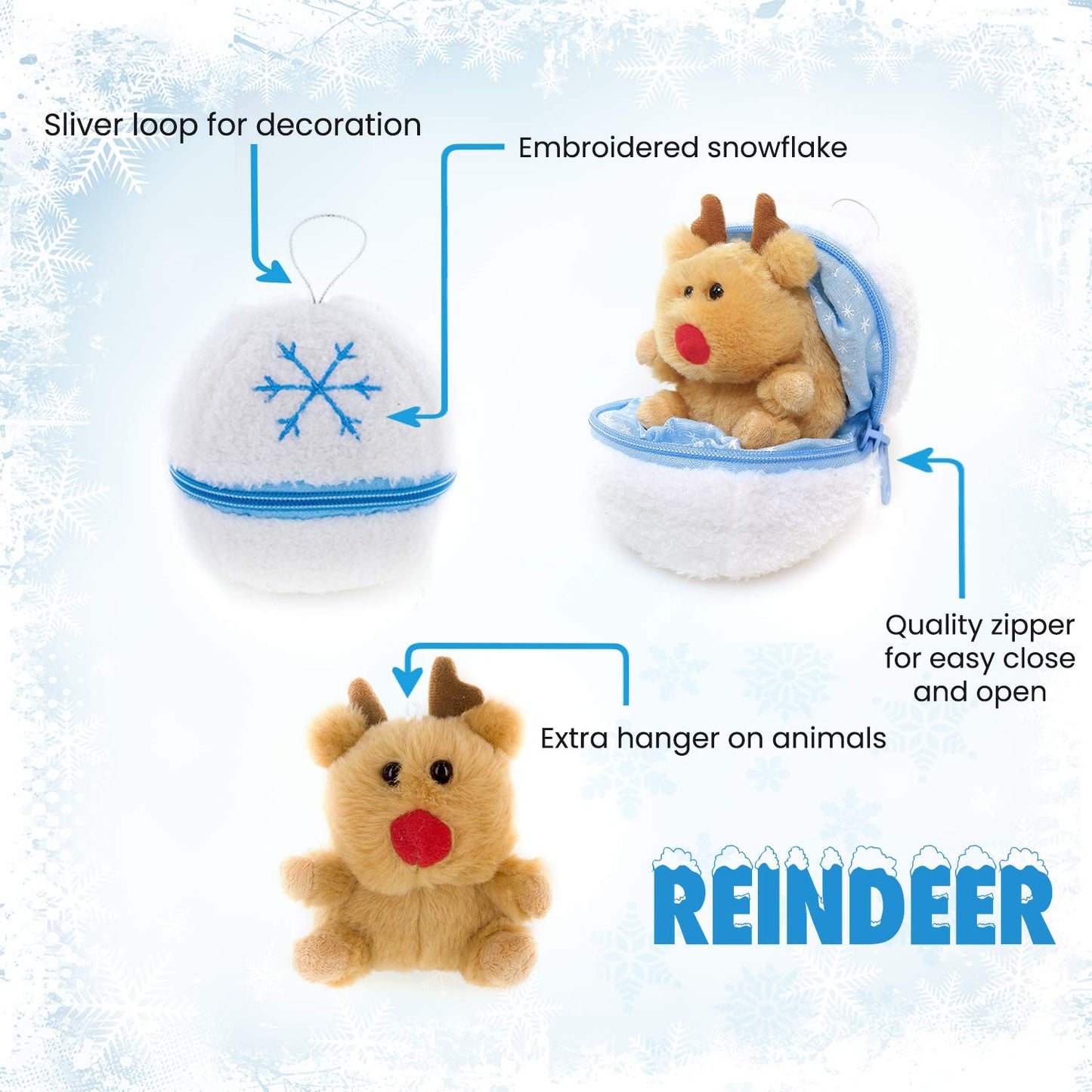 Plushland Snowball Stuffed Zip Up Animal - Reindeer - Cute Plush Animals Assortment - Wonderful Soft Toy For Families And Friend