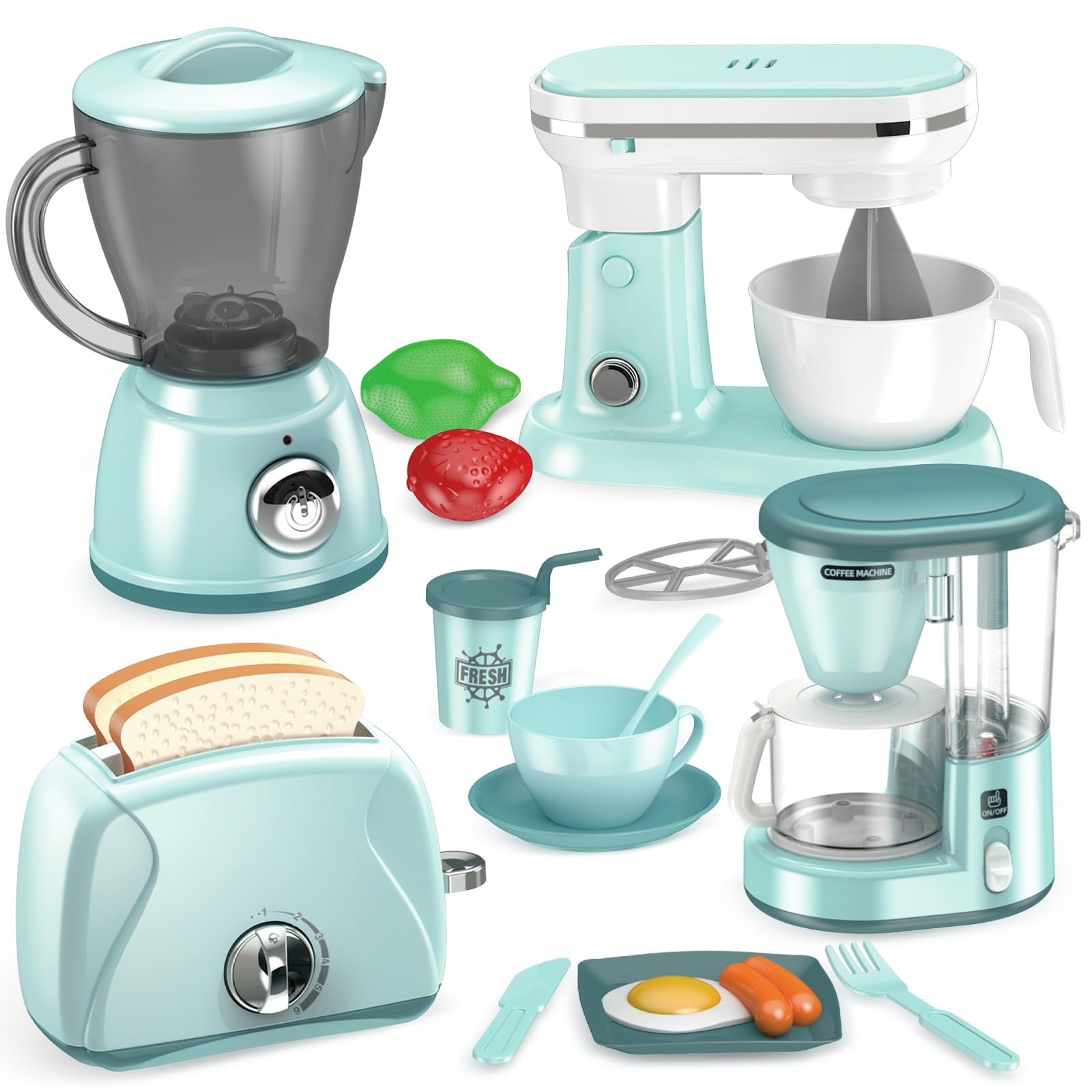 Shemira Play Kitchen Accessories, Pretend Play Kitchen Appliances Toy Set with Coffee Maker, Blender, Mixer, Toaster, Toys for 3