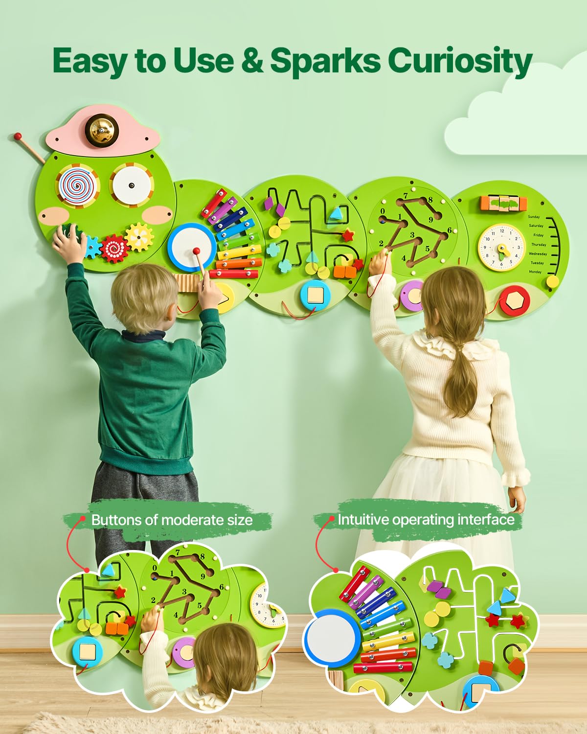VEVOR Caterpillar Activity Wall Busy Board Wall, 12 Wall Activities Board, Montessori Sensory Wall Panel for Kids 3-12 Years, Se