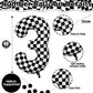 3Rd Birthday Number Balloons For Boys, 40 Inch Checkered Racing Foil 3 Balloons, Self Inflating Helium Black And White Big Numbe