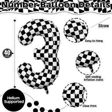 3Rd Birthday Number Balloons For Boys, 40 Inch Checkered Racing Foil 3 Balloons, Self Inflating Helium Black And White Big Numbe