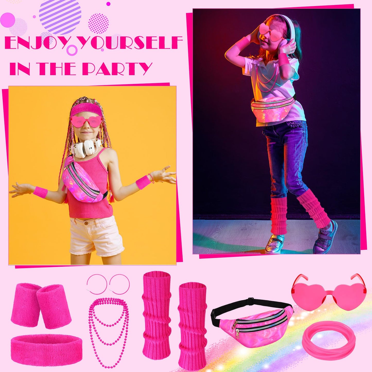 Vabean 17 Pcs Kids 80s Costume Accessories Set Halloween Girls Cosplay 1980s Retro Party Outfits Holographic Fanny Pack Ribbed Leg Warmers Headband Wristbands Glasses Necklace Earrings Bracelet