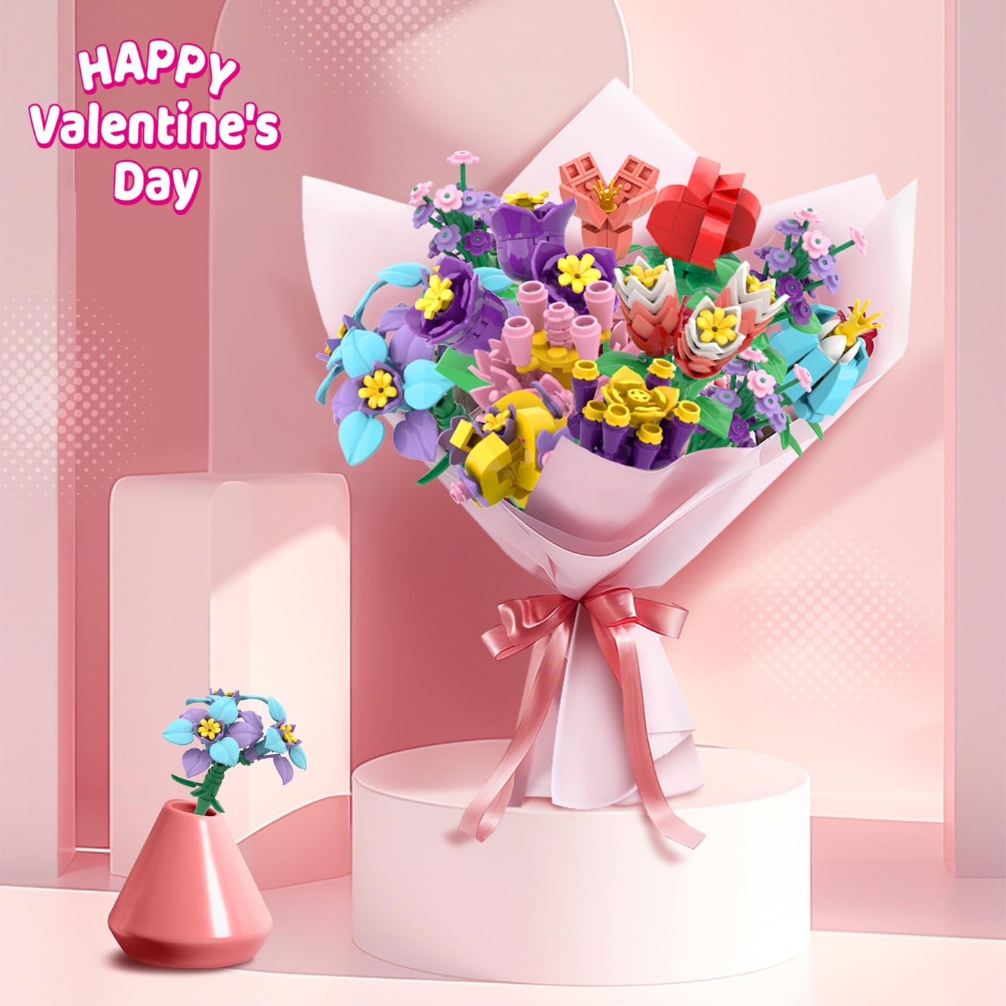 Uiseba Valentines Day Gifts For Kids Classroom/School,24Pcs Building Blocks Flower Kits And Valentines Cards,Toys For 3+ Years O