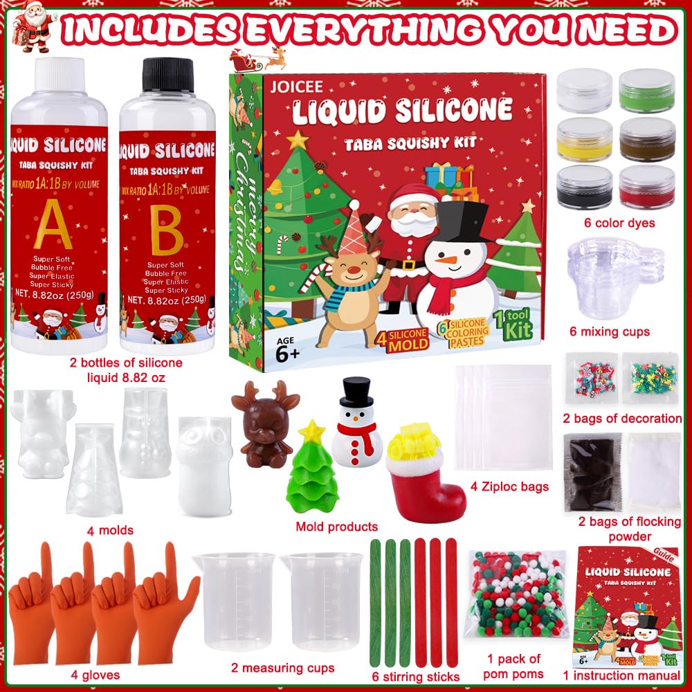 JOICEE Christmas Taba Squishy Kit  DIY Xmas Squishy Making Kit 18OZ AB Liquid Silicone with Xmas Tree Stocking Snowman Reindeer Molds for Make Your Own Christmas Soft Squishies Party Favors Gifts