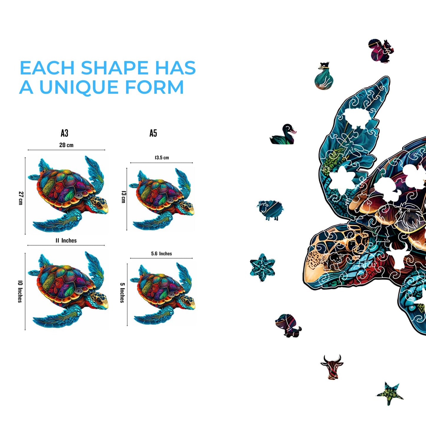 Cafthub Wooden Jigsaw Puzzles A4 - Animal Shaped - Wooden Puzzles For Adults And Family (Colorful Sea Turtle)