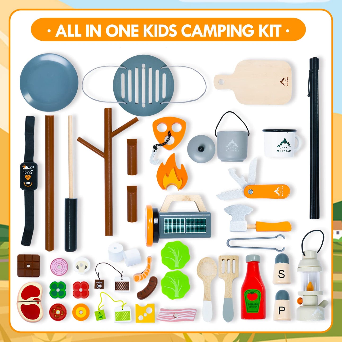 UMU Kids Camping Toys Set, Pretend Play with Campfire, Wooden Camping Playset Cutting Food for Play Kitchen Camping Gear for Kit