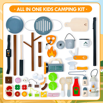 UMU Kids Camping Toys Set, Pretend Play with Campfire, Wooden Camping Playset Cutting Food for Play Kitchen Camping Gear for Kit