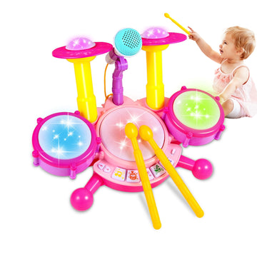 Kids Drum Set For Toddlers 1-3, Toddler Drum Set Toys For 1 + Year Old Girl With 2 Drum Sticks, Beats Flash Light And Microphone Baby Drum Set 1 Year Old Girl Gifts First Birthday Gifts For Girls 1-6