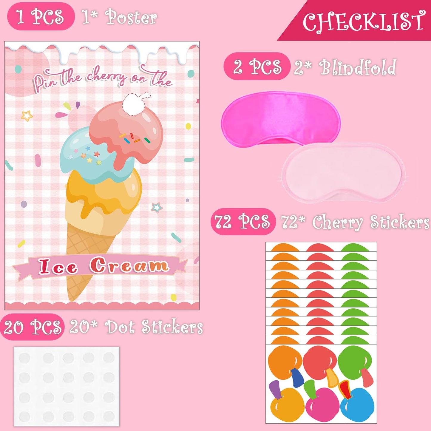 Pin The Cherry On The Ice Cream Game -Ice Cream Party Game With 21'' X 28'' Poster, Reusable Cherry Sticker Carnival Party Suppl