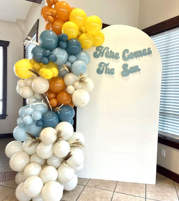 Here Comes The Son Baby Shower Decor Balloons Arch, 125 Pcs Retro Orange Blue And Yellow Balloons With 25 Inch Sunshine Sun Foil