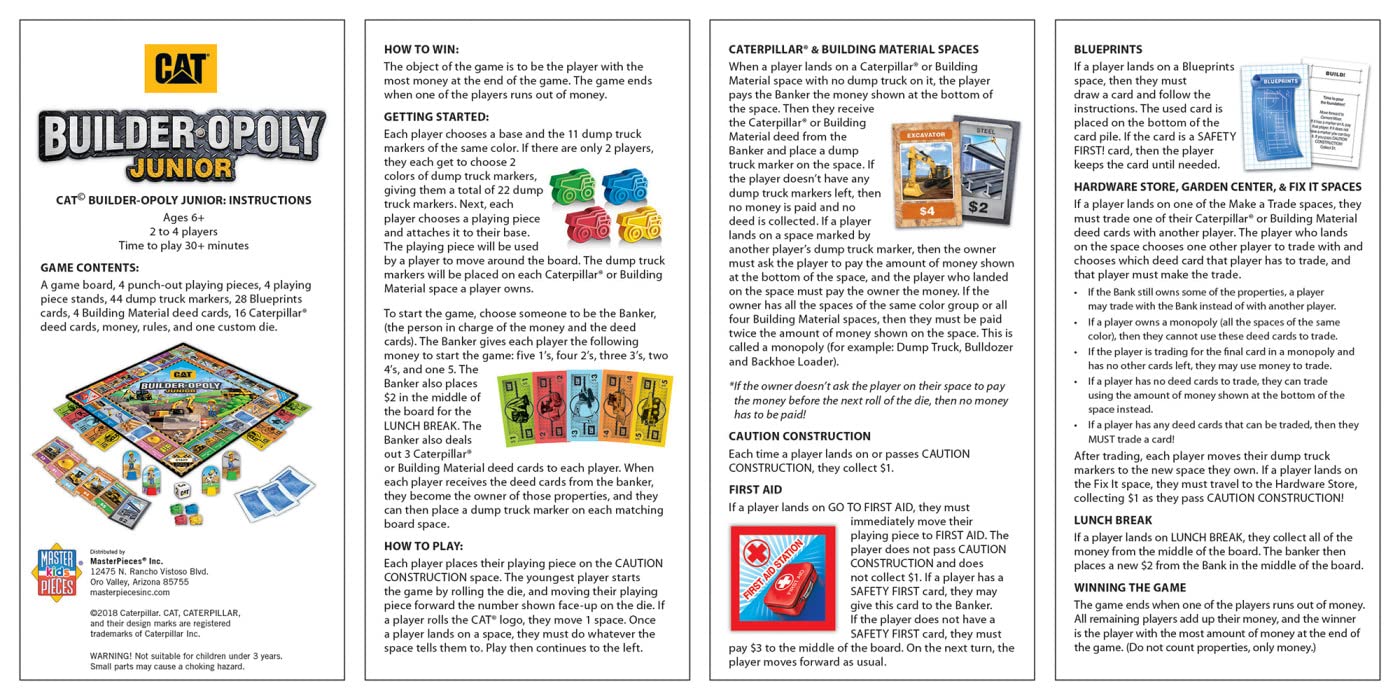 MasterPieces Caterpillar Builder Opoly Jr. Board Game - Assorted Color, Plastic, Family Fun, Model 41900