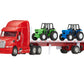 Wheel Master Diecast Model Toy Truck, Red Peterbilt 387 Flatbed Tractor Trailer with 2 Farm Tractors, Opening Doors, Interactive