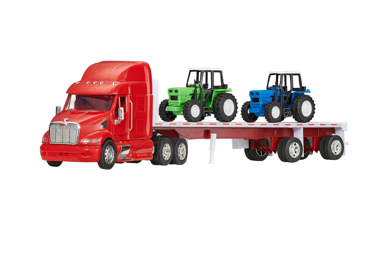 Wheel Master Diecast Model Toy Truck, Red Peterbilt 387 Flatbed Tractor Trailer with 2 Farm Tractors, Opening Doors, Interactive