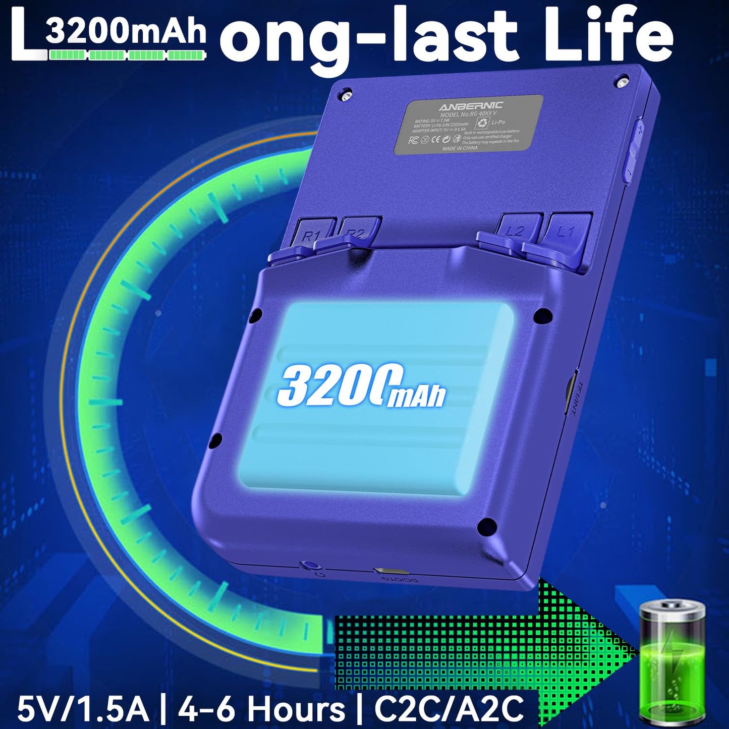 Fingerevo Rg40Xxv Handheld Game Console 4.0-In 640 * 480 Ips Oca Screen 3200Mah 64Bit System Rg 40Xxv Blue