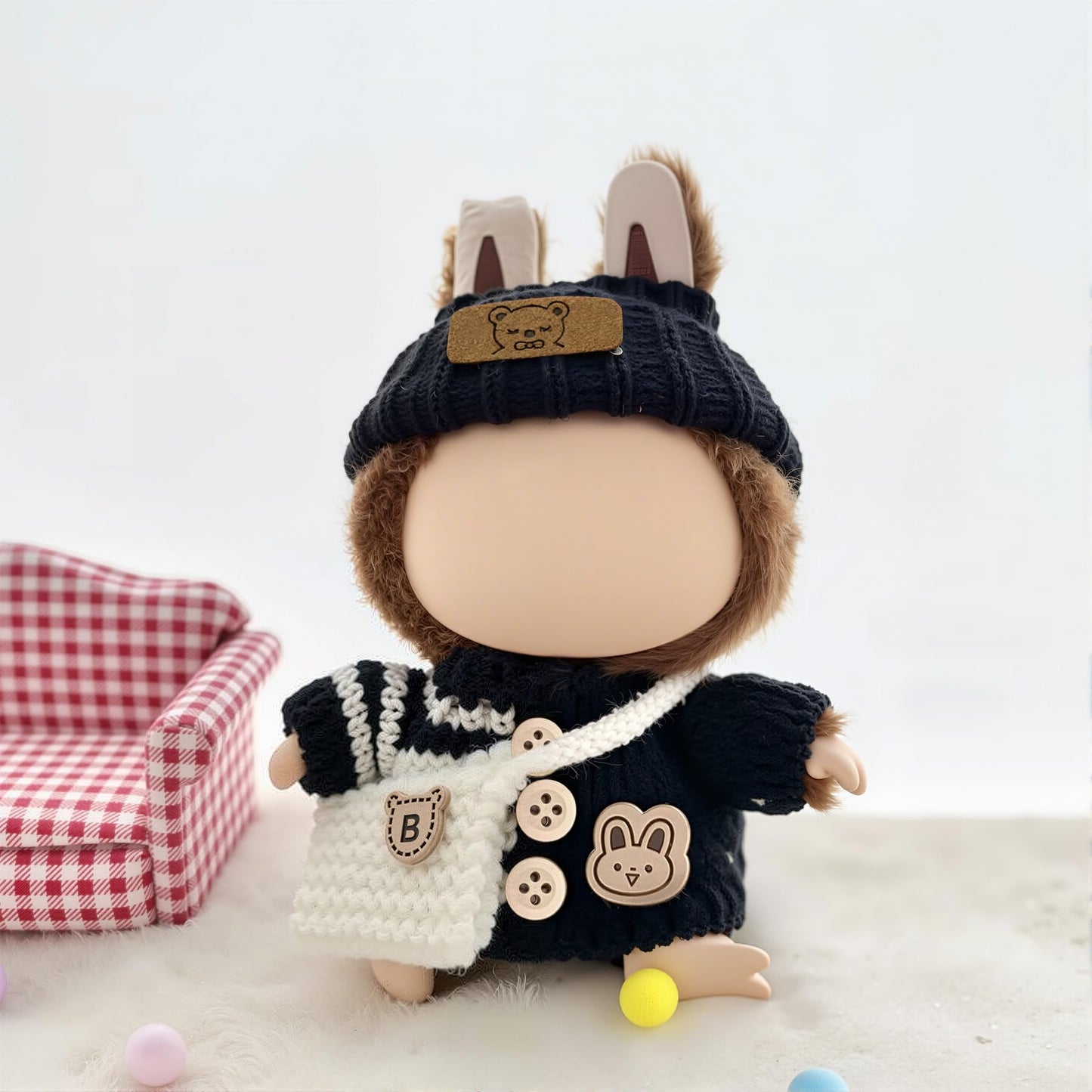 Clothes for 17cm Doll (NO Doll)  Handcrafted Crochet Outfits for 17cm Dolls with Accessories  Boy and Girl 4-Piece Clothes Set  Cute Stylish Clothing with hat and Bag for Dolls Dress up (Black)