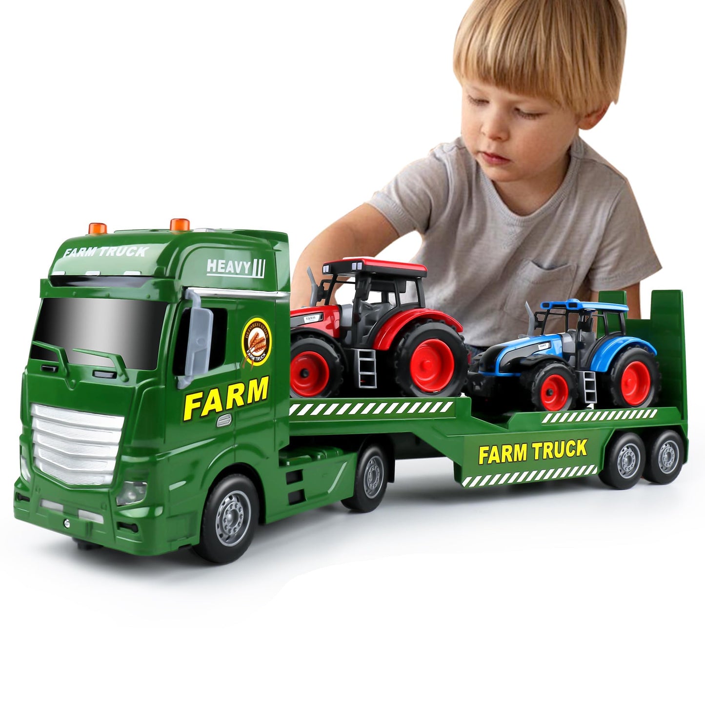 Dwi Dowellin Large Flatbed Semi Truck Toy for Kids,Includes Farm Vehicles,Car Toy Birthday Gift for 2 3 4 5 Years Old Boys and G