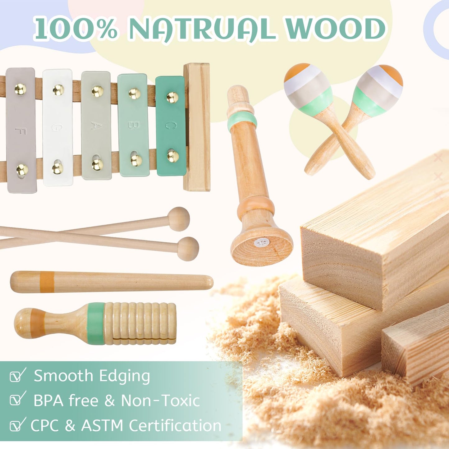 Raimy Musical Instruments Set - Neutral Colors Wooden Montessori Toys Percussion Music Modern Boho Xylophone Birthday Gifts For 1 2 3 Year Old Kids Baby Toddlers Boys Girls 3+ With Storage Bag