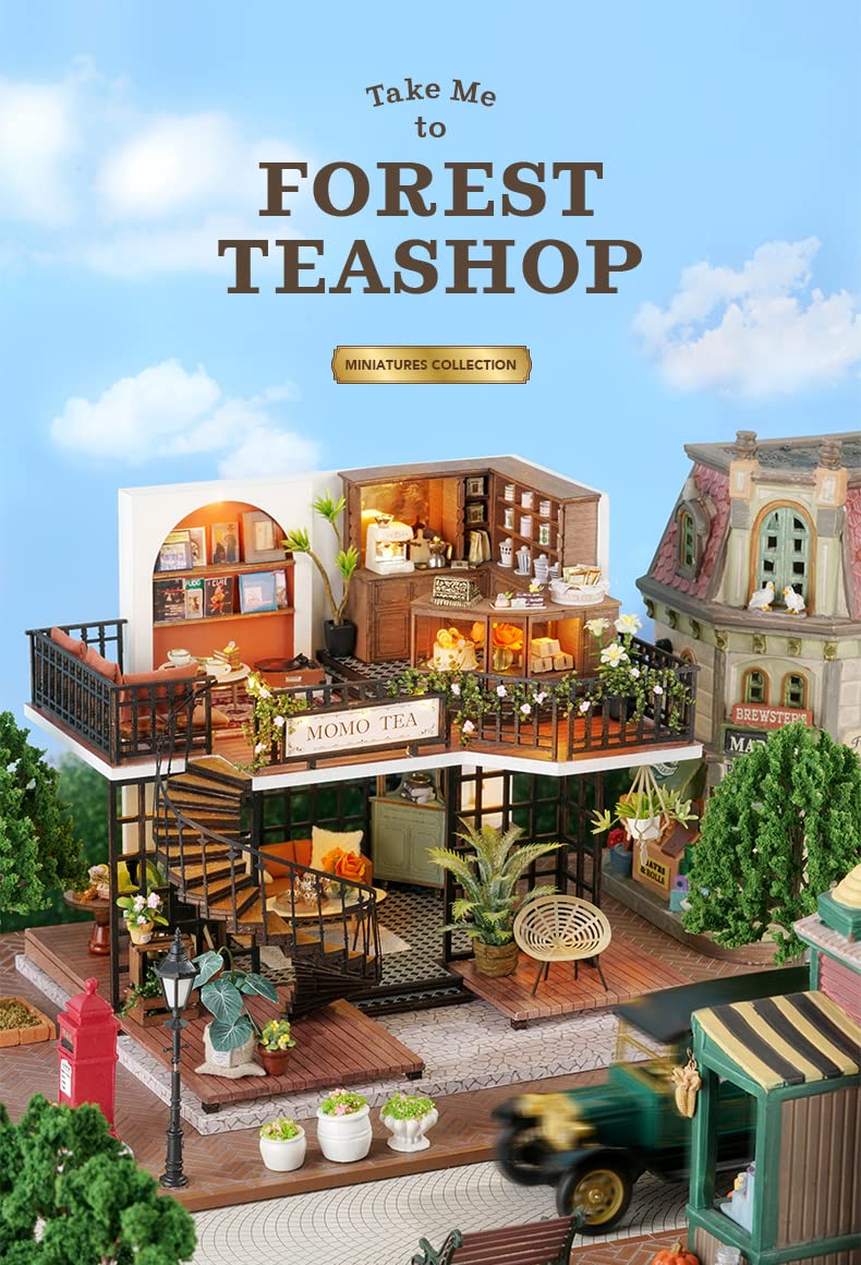 Kisoy Dollhouse Miniature with Furniture Kit  Handmade DIY House Model for Teens mature-themed Gift (Forest Teahouse)