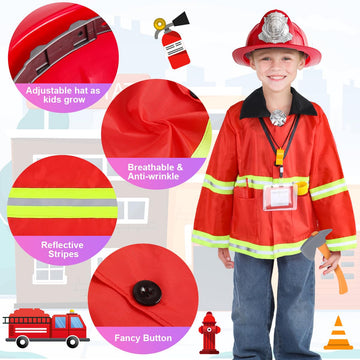 Fireman Costume For Kids, 10 Pcs Firefighter Costume With Toy Accessories Set, Fireman Role Play Outfit Toys, Kids Firefighter Dress Up Clothes, Halloween For Boys Toddlers Ages 3 4 5 6 7
