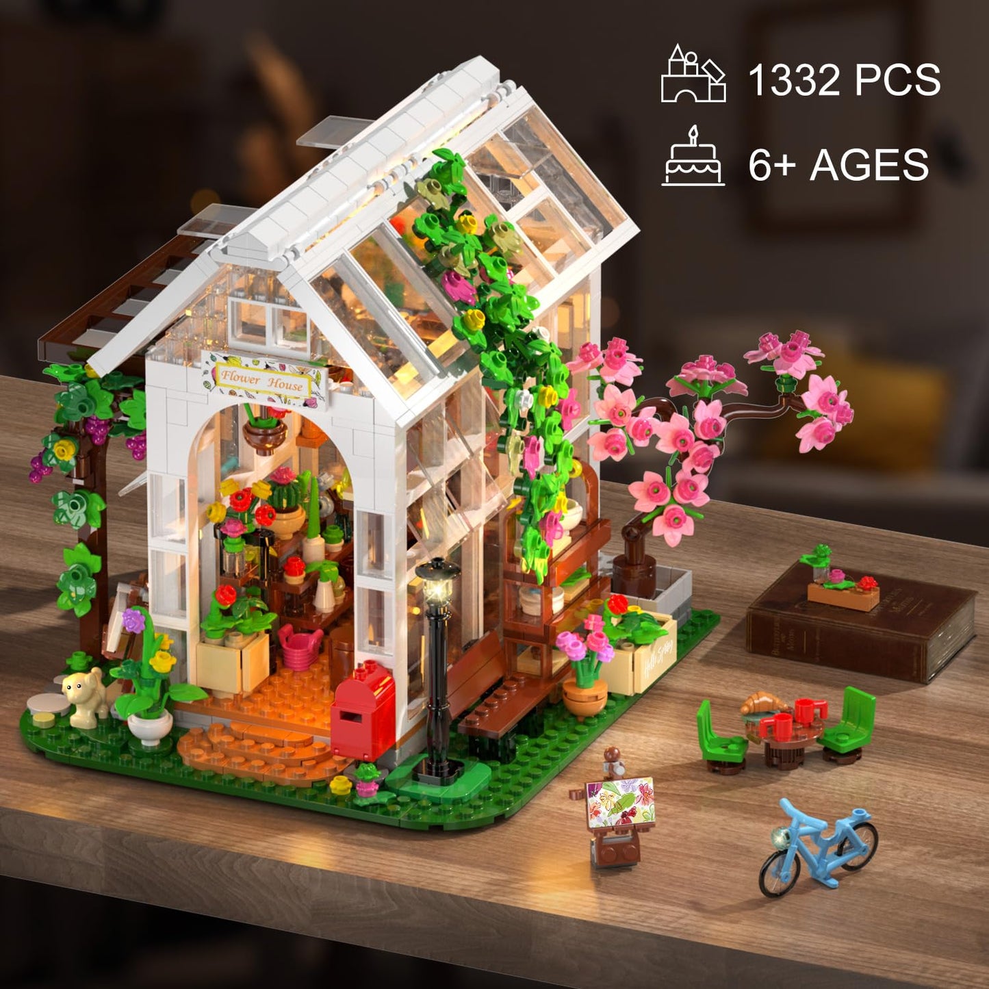 Hogokids Flower House Building Set With Led Light - 1332 Pcs Garden House Buiding Toy With Flowers Potted Plants Parrot Cat Animals Playset Greenhouse Model Xmas Gift For Adults Teens Girls 6-12 Years