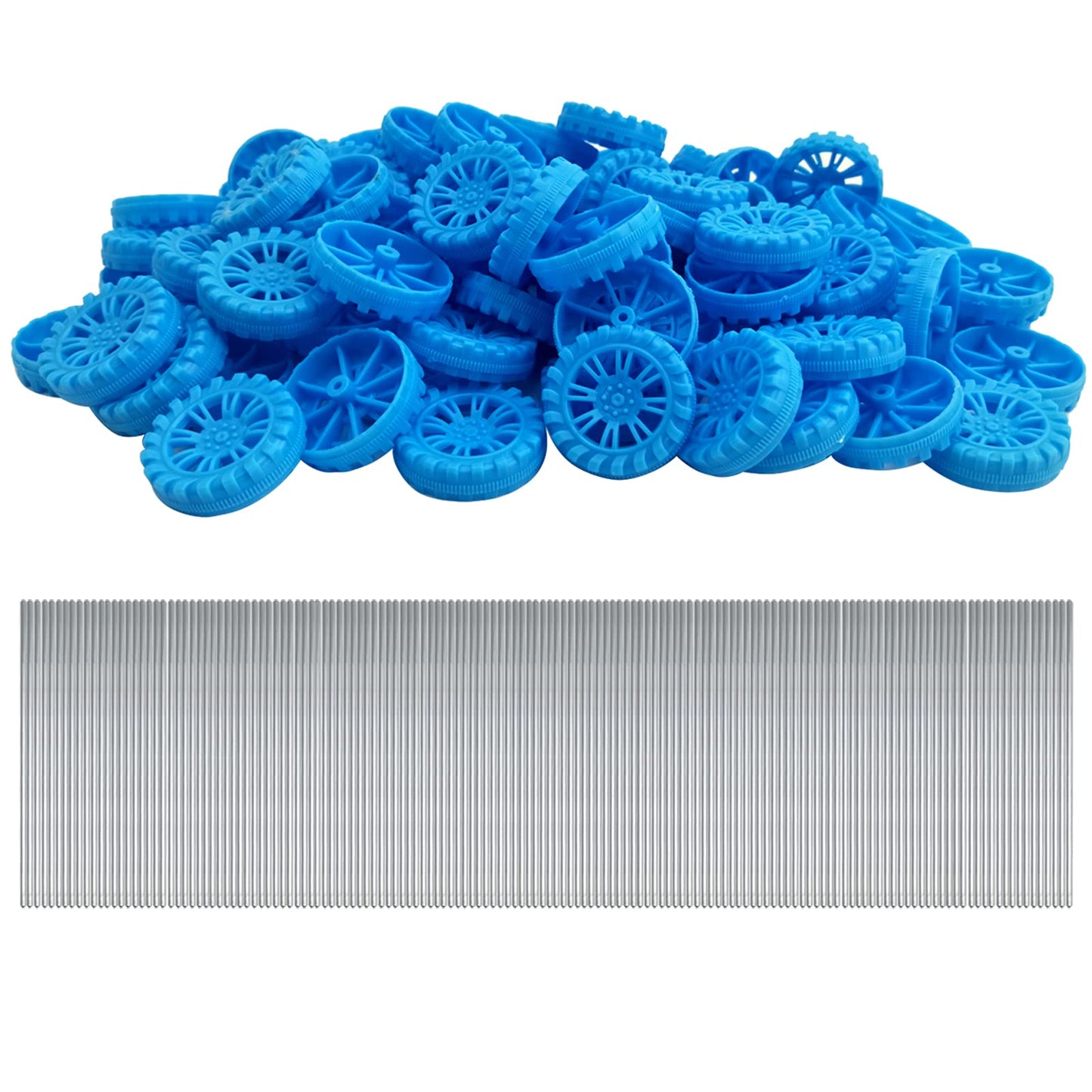 Eudax 300 Pcs 30Mmx8Mm Plastic Roll 2Mm Dia Shaft Toys Wheel And 2Mmx100Mm Stem Shaft Round Rod Axles For Diy Toy Rc Car Truck Boat Helicopter Model Part Building Projects (Blue)