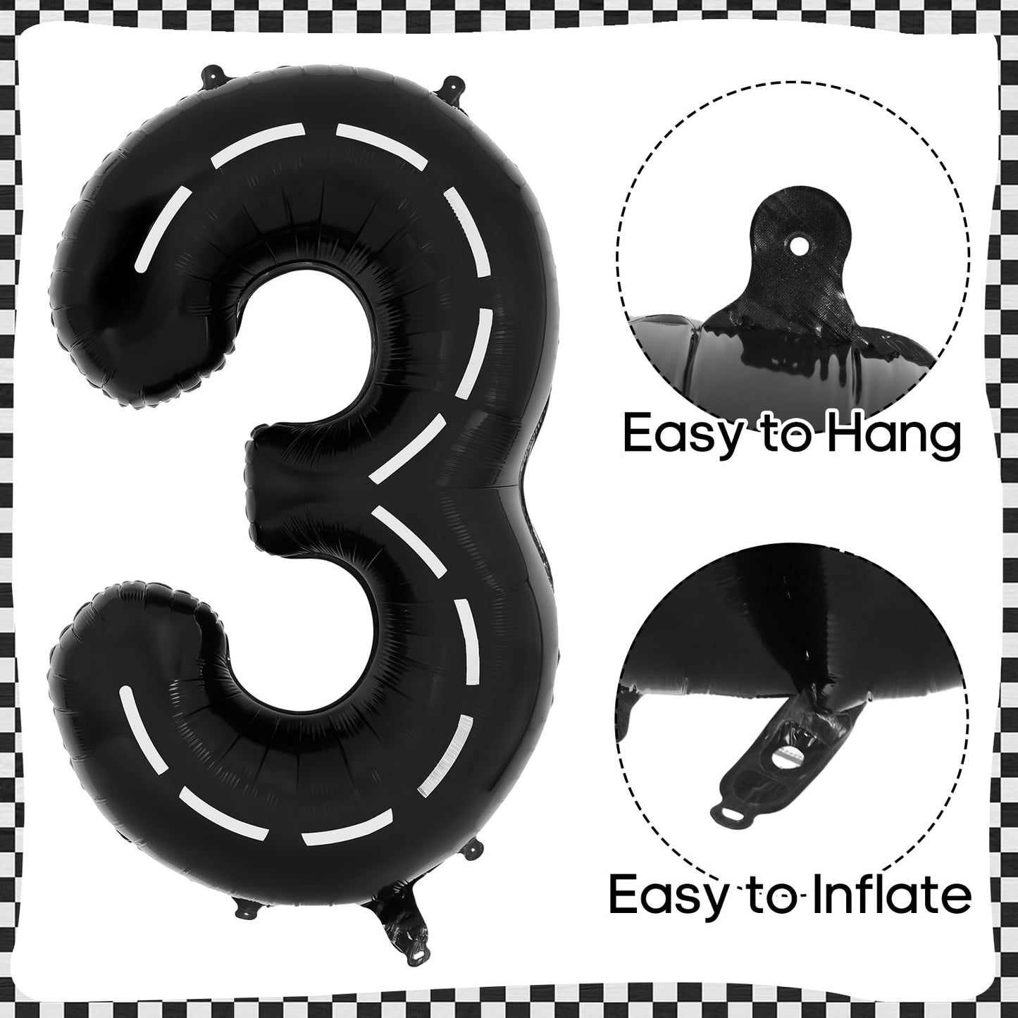 Race Car 3 Balloons, 40 Inch Racetrack Number 3 Balloon, Large Foil Mylar Racetrack Black 3 Balloon For 3 Year Old Birthday Race