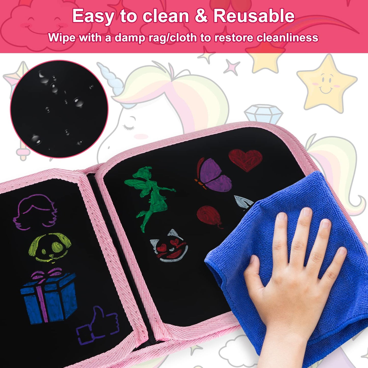 Qrytoi Erasable Book Doodle Set for Kids,Magic Drawing Book for Kids,Reusable Drawing Book 12 Watercolor Pens 14 Page Drawing,Ro