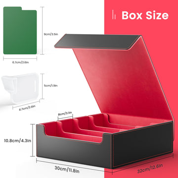 Flooyes Card Storage Box For Trading Cards With 4 Card Supporters, 3200+ Mtg Deck Box With 24 Colorful Dividers, Commander Trading Card Storage Box With Viewing Windows For Magic Game Cards, Red