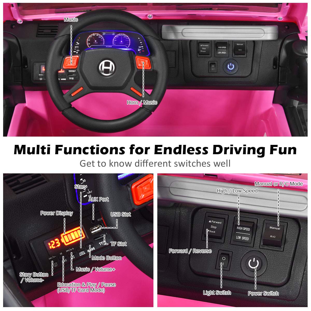 Costzon 2-Seater Ride On Truck, 12V Battery Powered Electric Vehicle Toy W/Remote Control, 3 Speed, Led Lights, Mp3, Horn, Music, 2 Doors Open, Spring Suspension, Ride On Car For Kids (Pink)