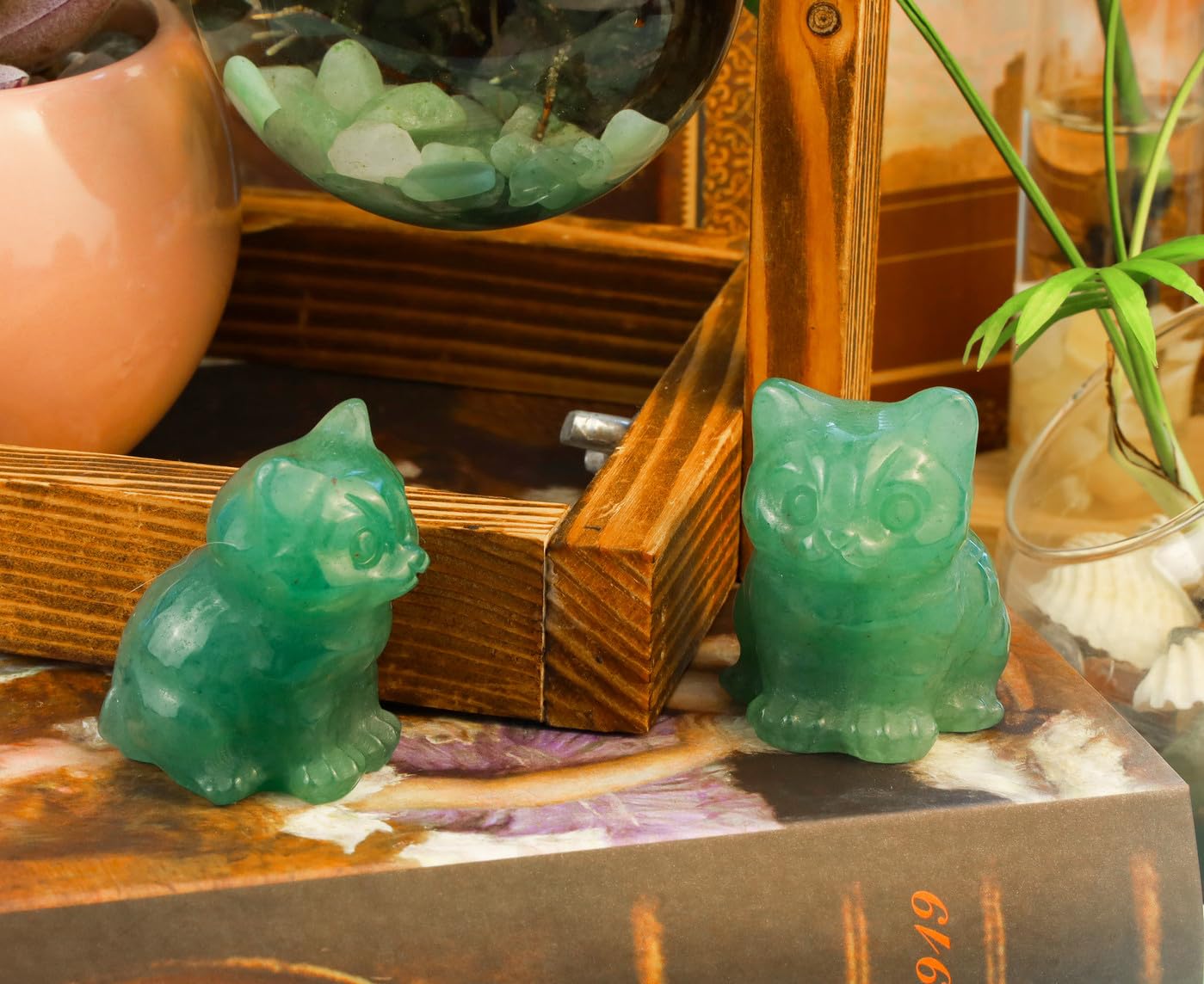 Duqguho Cat Decor Green Aventurine Cat Crystal Figurines Crystals Gifts For Cat Lovers Men Women Lucky Cute Cat Statue For Room