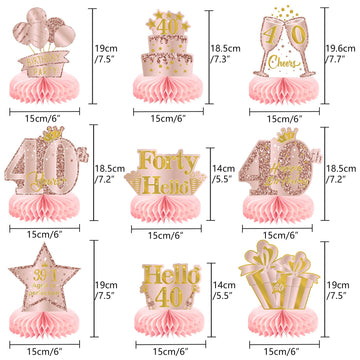 9Pcs 40Th Birthday Decorations Pink Rose Gold Honeycomb Centerpieces For Women,Happy 40Th Birthday Table Centerpieces Party Supp