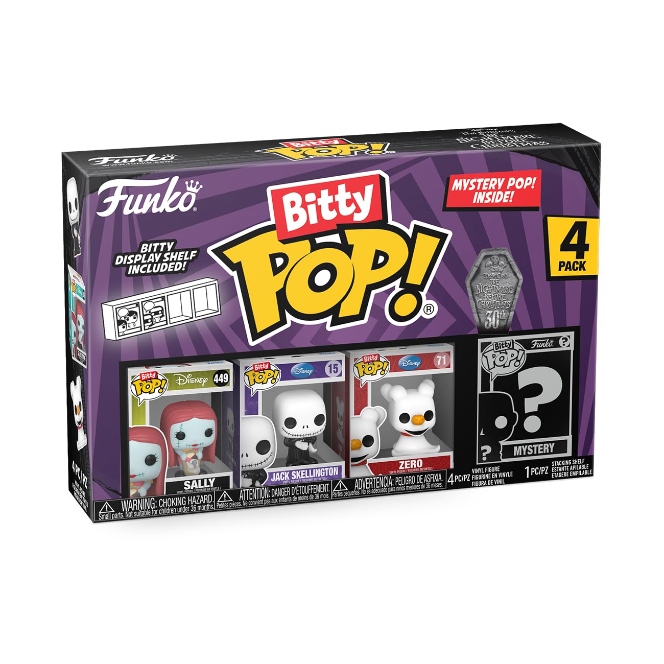 Funko Bitty Pop The Nightmare Before Christmas - Sally, Jack Skellington, Zero And A Surprise Mystery Mini Figure - 0.9 Inch (2.2 Cm) Collectable - Stackable Display Shelf Included