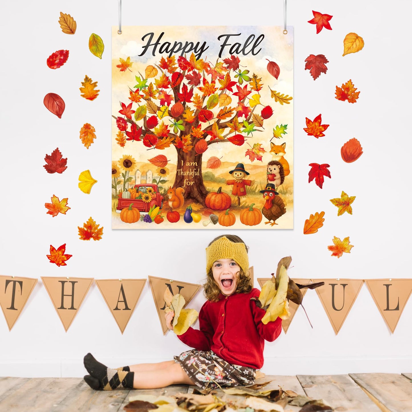 80UncleKimby 74Pcs Fall Thanksgiving Tree Craft Kit - DIY Felt Thankful Tree with Autumn Maple Leaves Ornaments for Bulletin Boa