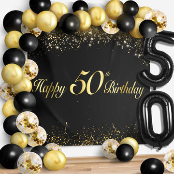 Happy 50Th Birthday Balloons Black Set Decor - Cheers To 50 Years Old Party Theme Garland Banner Backdrop Decorations For Women