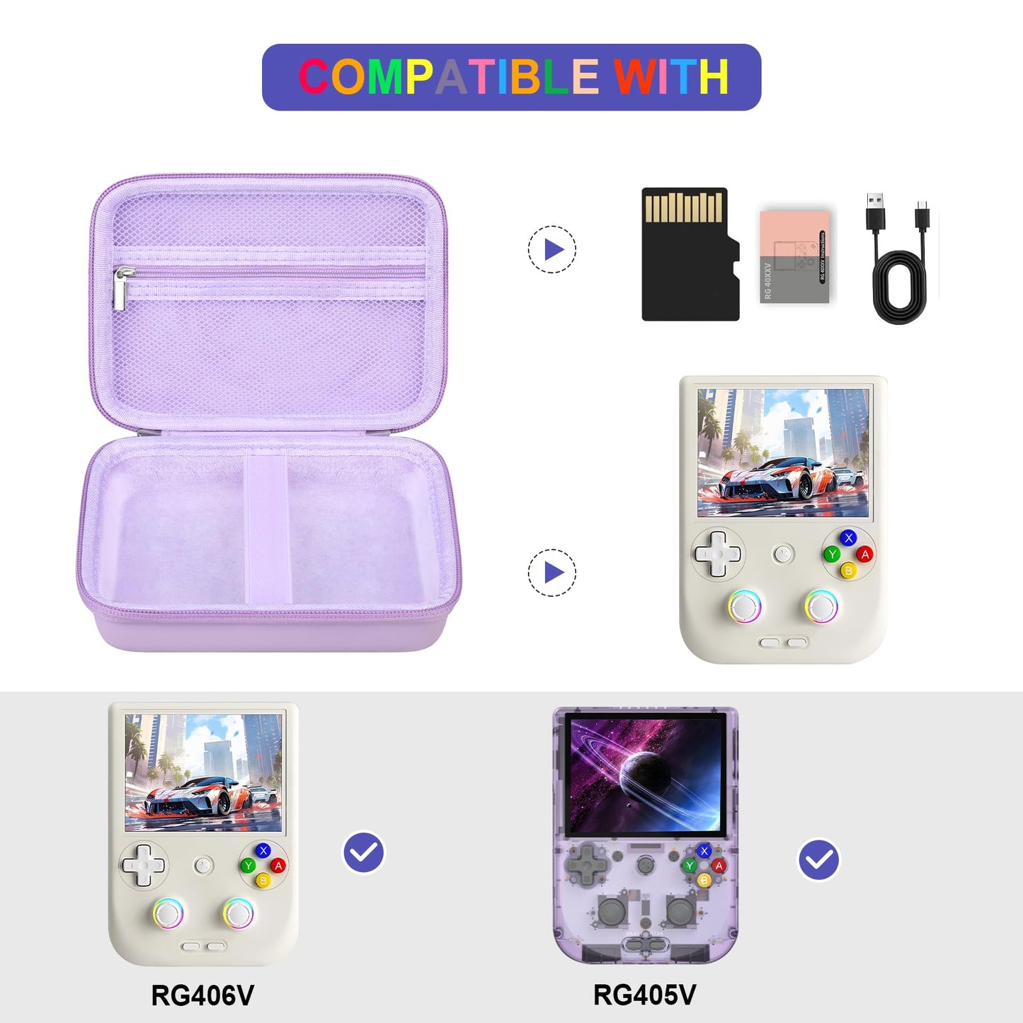 Supmay Hard Carrying Case for RG406V/RG405V Game Console, Leather, Purple, Includes Zipper Pocket for Accessories, Model M21ZZ-01