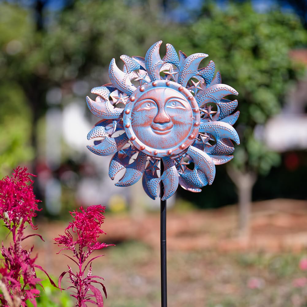 Viveta Outdoor Wind Spinners, 13.2 Inch Metal Wind Sculpture,Sun Face Windmill for Yard Patio Lawn Garden Decoration
