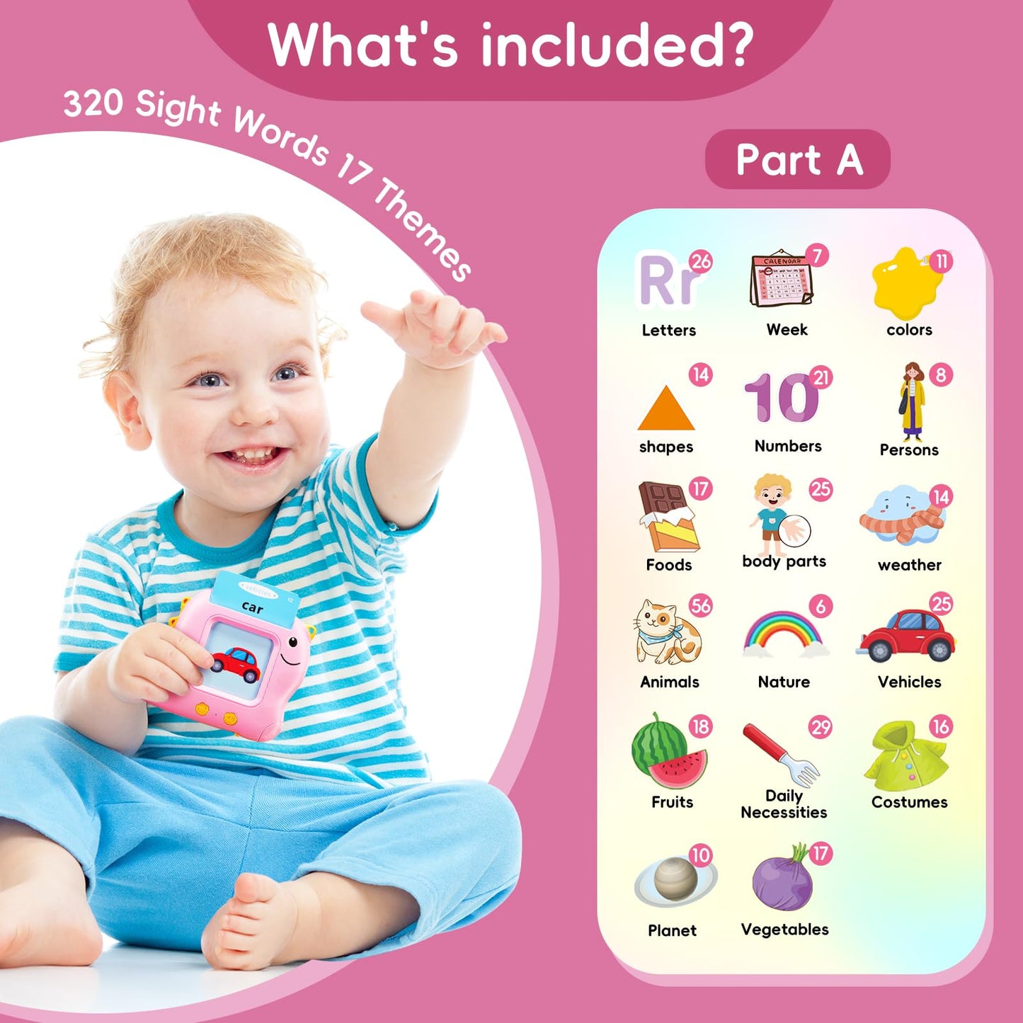Timingsxd Talking Flash Cards For Toddlers, 540 Sight Words Flash Cards Speech Therapy Toys - Learning Educational Gifts For Age 1 2 3 4 5 6 Years Old Boys And Girls(540 Sight Words_Pink)