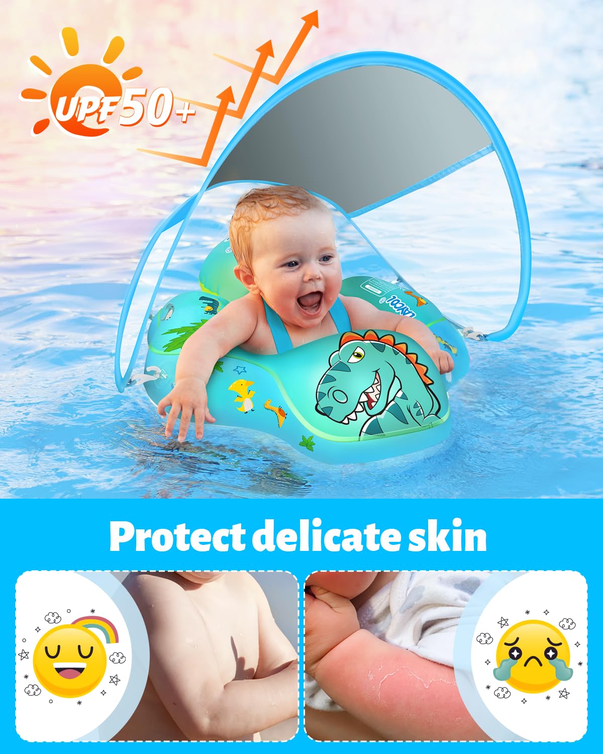 Laycol Baby Swimming Float Inflatable Baby Pool Float Ring With Sun Protection Canopy,Add Tail No Flip Over For Age Of 3-36 Months (Dinosaur, S)