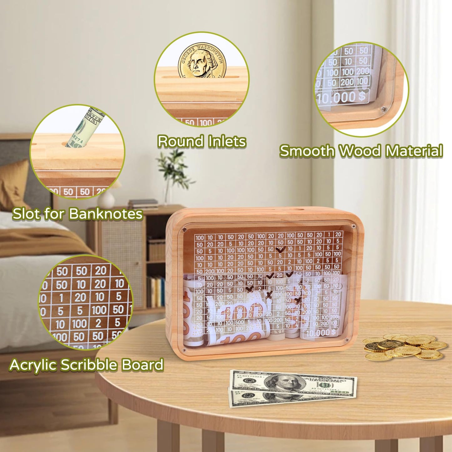 Money Saving Box, Wooden Bank For Boys And Girls, Reusable Cash Vault Wooden Money Vault Adults Cash Money Box With Counter For