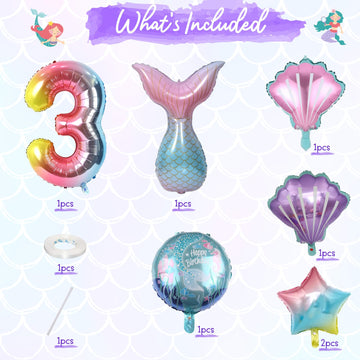 Mermaid 3Rd Birthday Decorations, 8Pcs Mermaid Birthday Decorations Balloons, 40 Inch Rainbow Number 3 Balloon, Large Helium Foil Mermaid Tail Balloon, Seashell Balloons For Mermaid Party Supplies