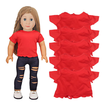 AugFrog 5 Pcs T-Shirts for 18 Inch Dolls, Summer Outfit Doll Clothes Accessories, Short Sleeved Classical Tee Fit - Red